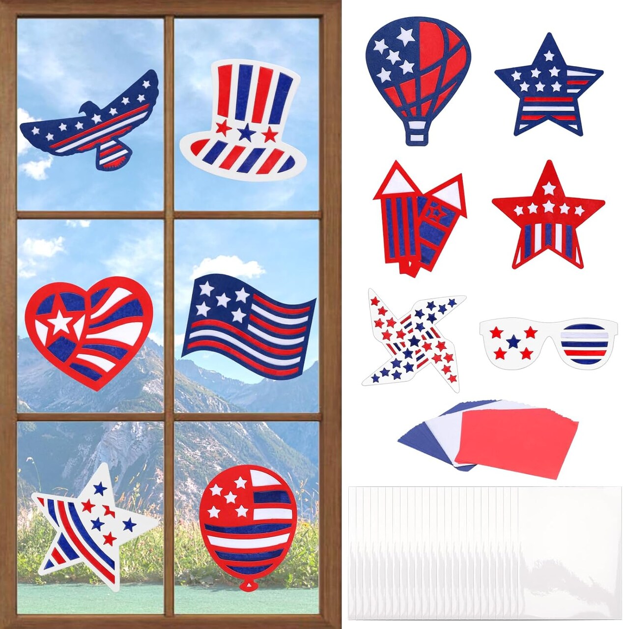 24 Pack Memorial Day Decorations Patriotic Suncatcher Paper Craft Kits, Stained Glass Effect Paper Suncatchers Arts and Crafts DIY Window Cling Sticker for Independence Day Veterans Day Class